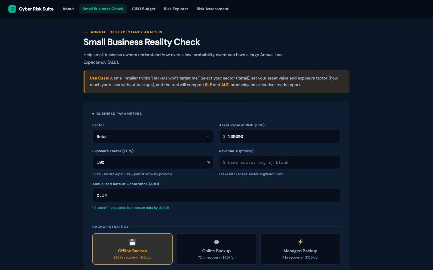 Small Business Reality Check tool calculating annual loss expectancy from sector, asset value and exposure factor